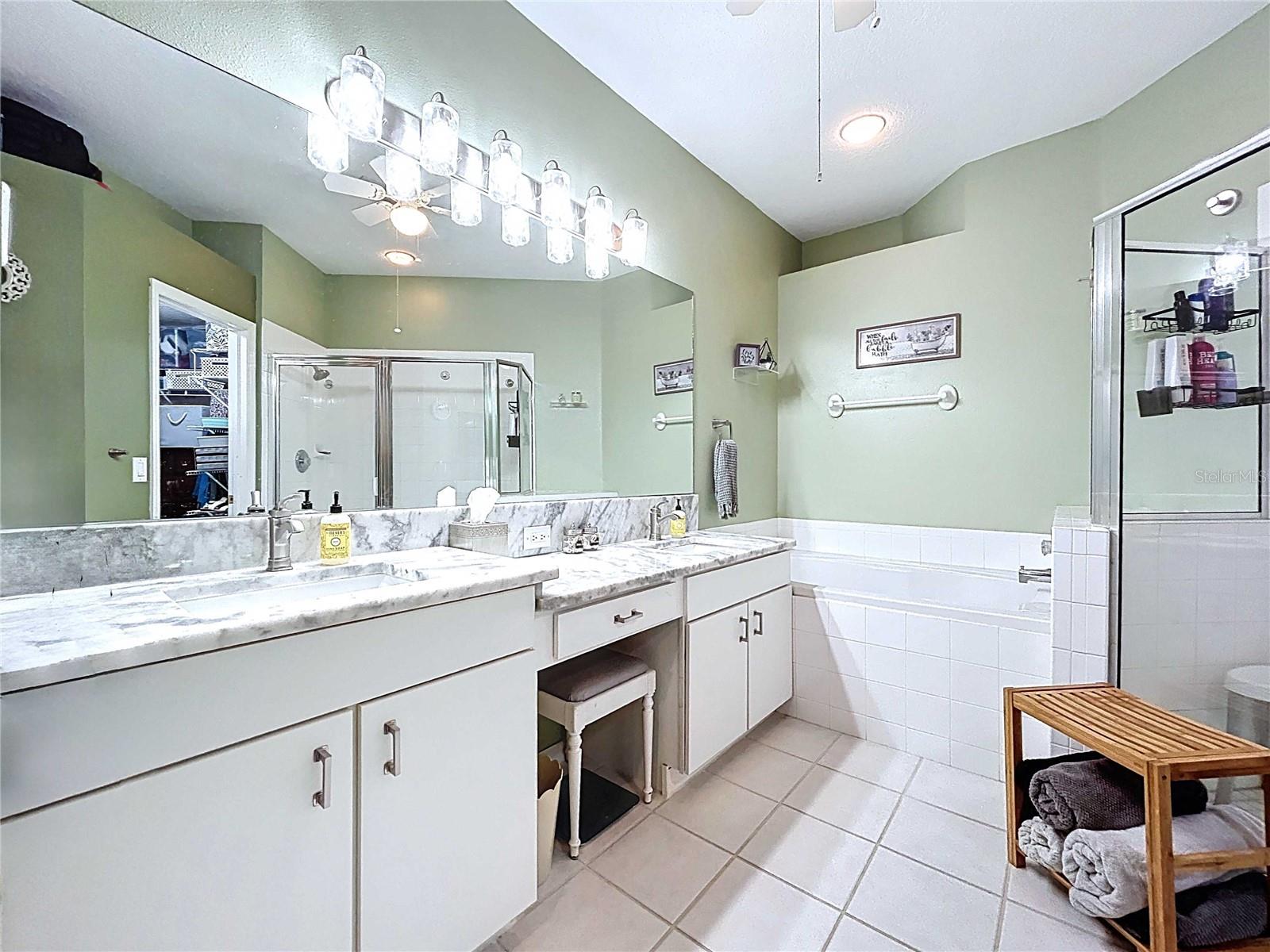 Primary bath featuring quartzite counters