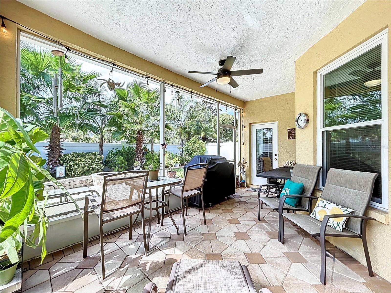 Screened-in covered lanai with ceiling fan