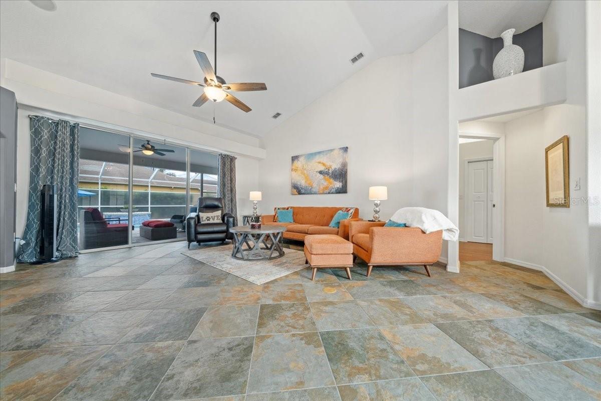 Expansive great room with tile flooring
