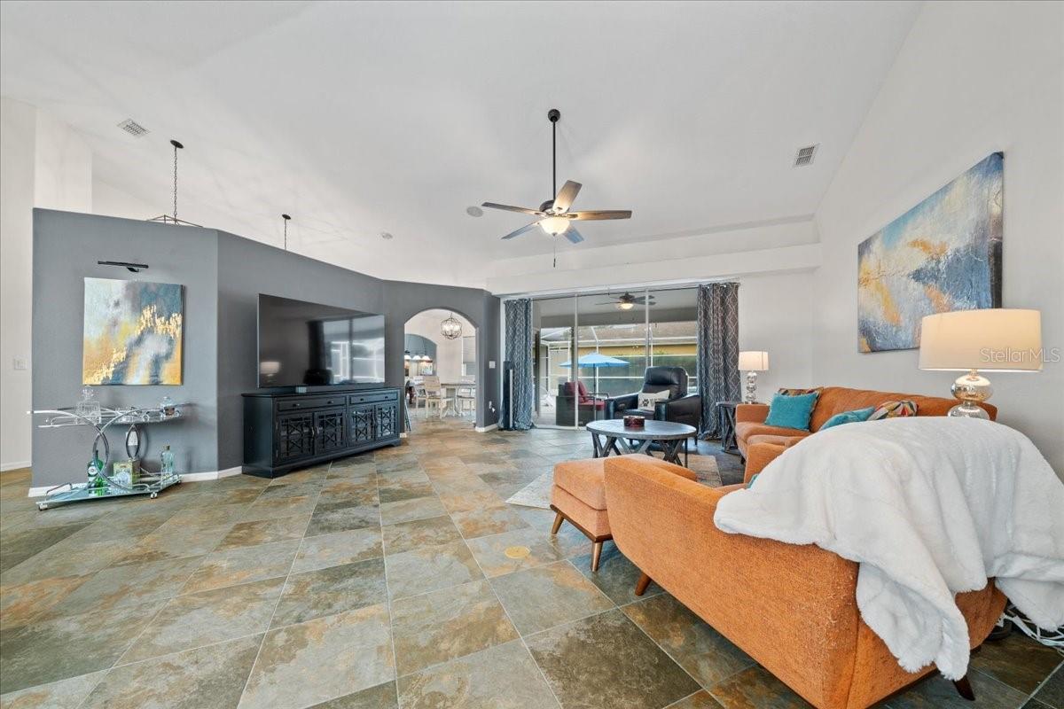 Expansive great room with tile flooring