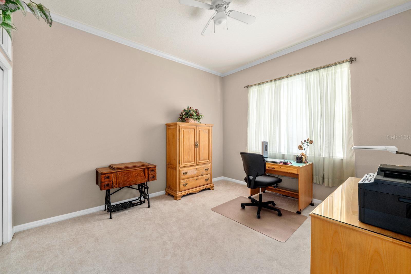 Bedroom 4 is large and features crown molding, extremely clean carpet, a lighted fan, extra storage space above the double closet, and a large window.