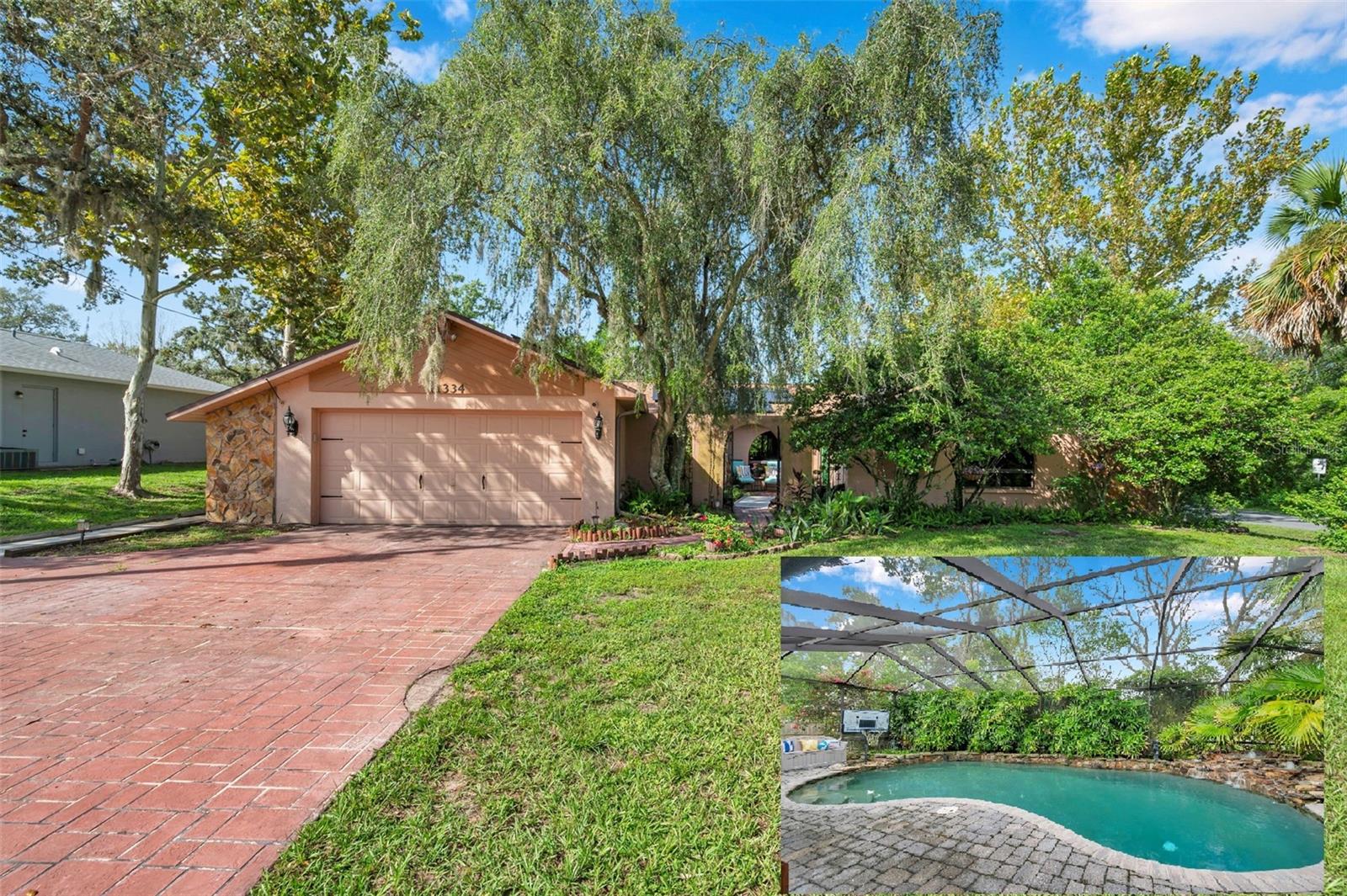 Impressive pool home with wide driveway, solar panels, private entrance with peaceful pond and rock stream on a corner homesite with no immediate neighbors across the side street.