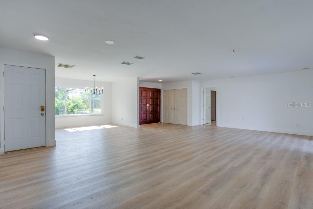 Garage door and dining room.