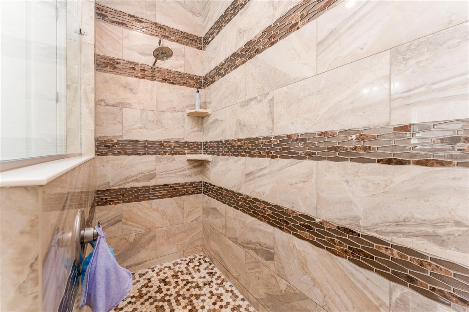 Gorgeous Decorative Wall Tile that Extends to the Ceiling in Primary Shower