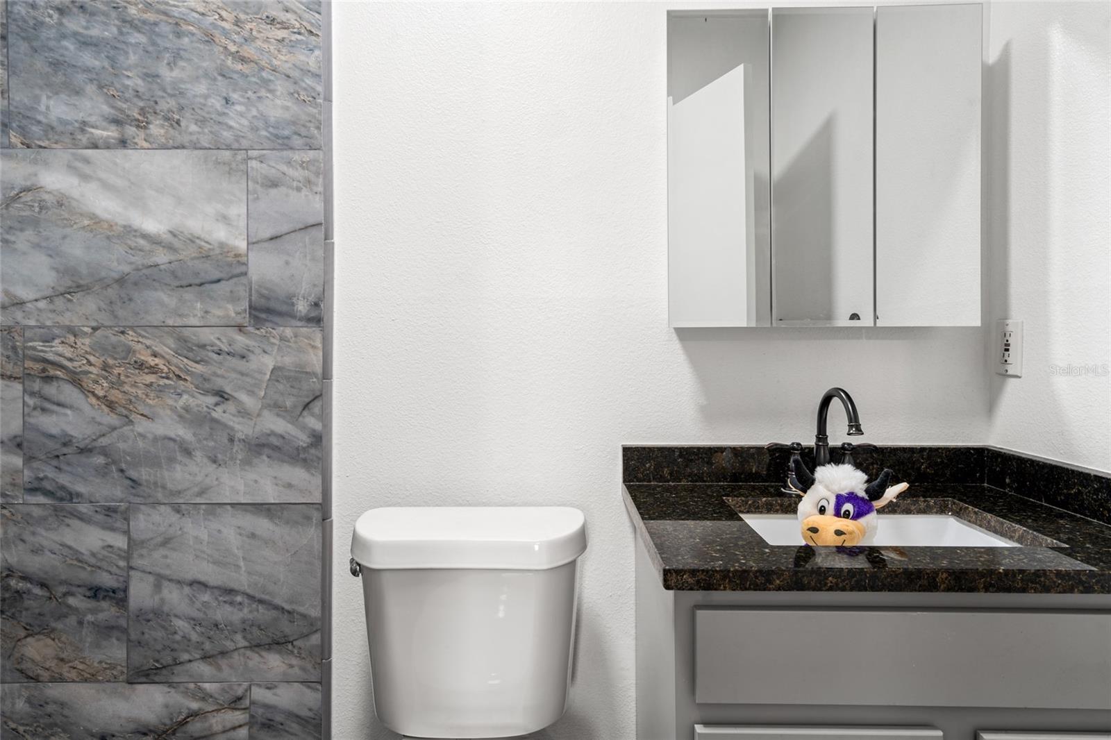 Brand new Bath, granite and floor to ceiling tile in shower