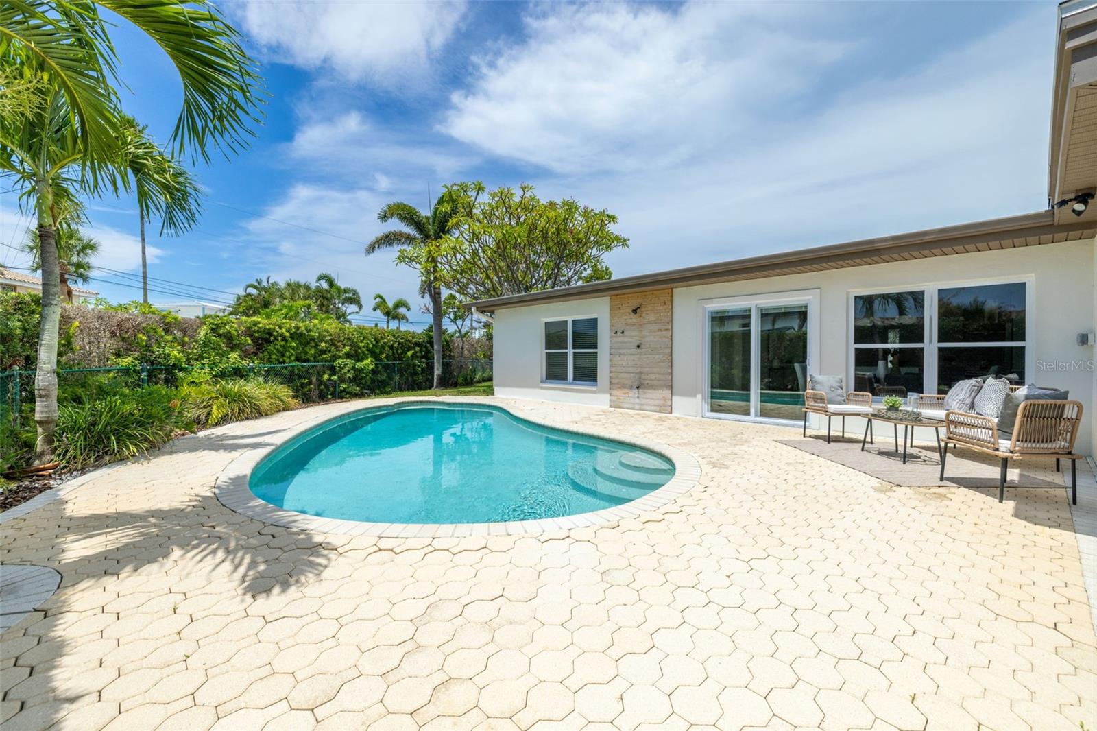 Paver pool patio, outdoor shower