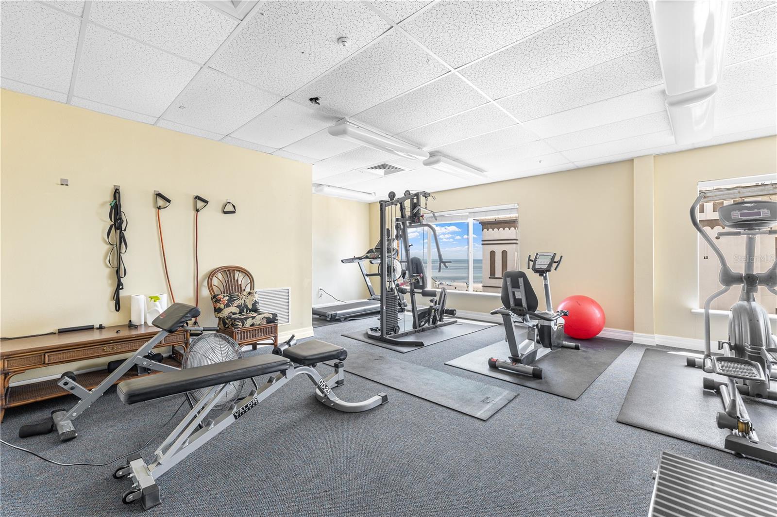 Well equipped gym is located on the 6th floor with views of the Gulf and Beach