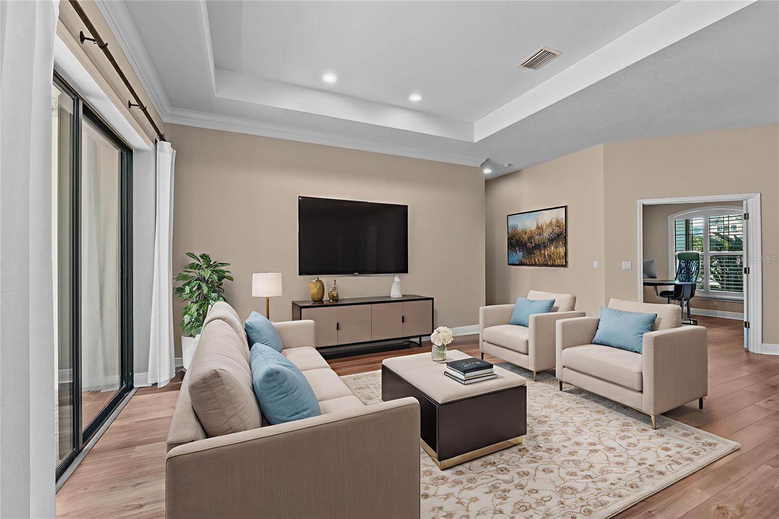 Sunny Living Room with tray ceiling