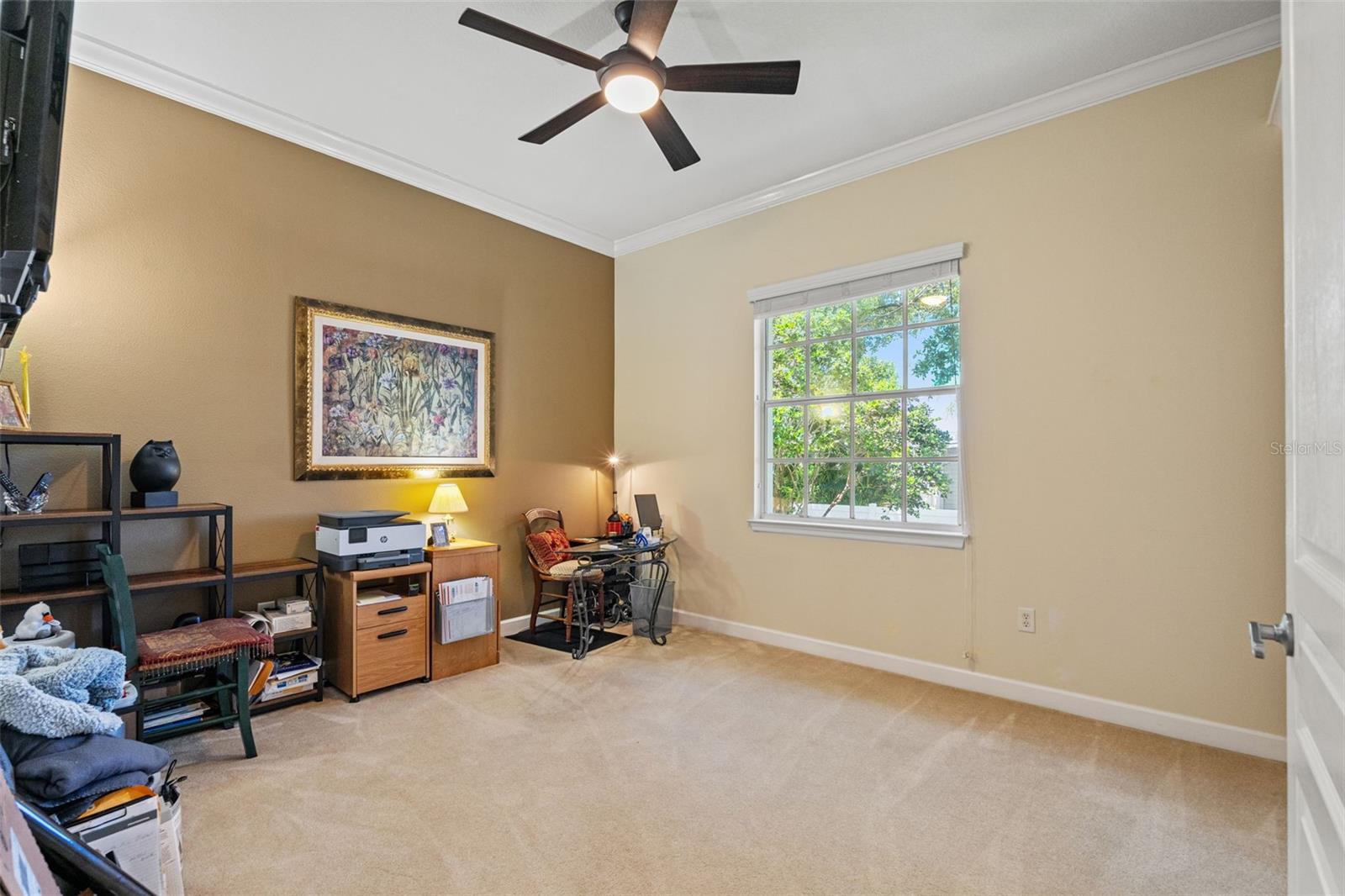 3rd bedroom offers flexible space with neutral tones, crown molding, and a large window, ideal for a bedroom or home office.