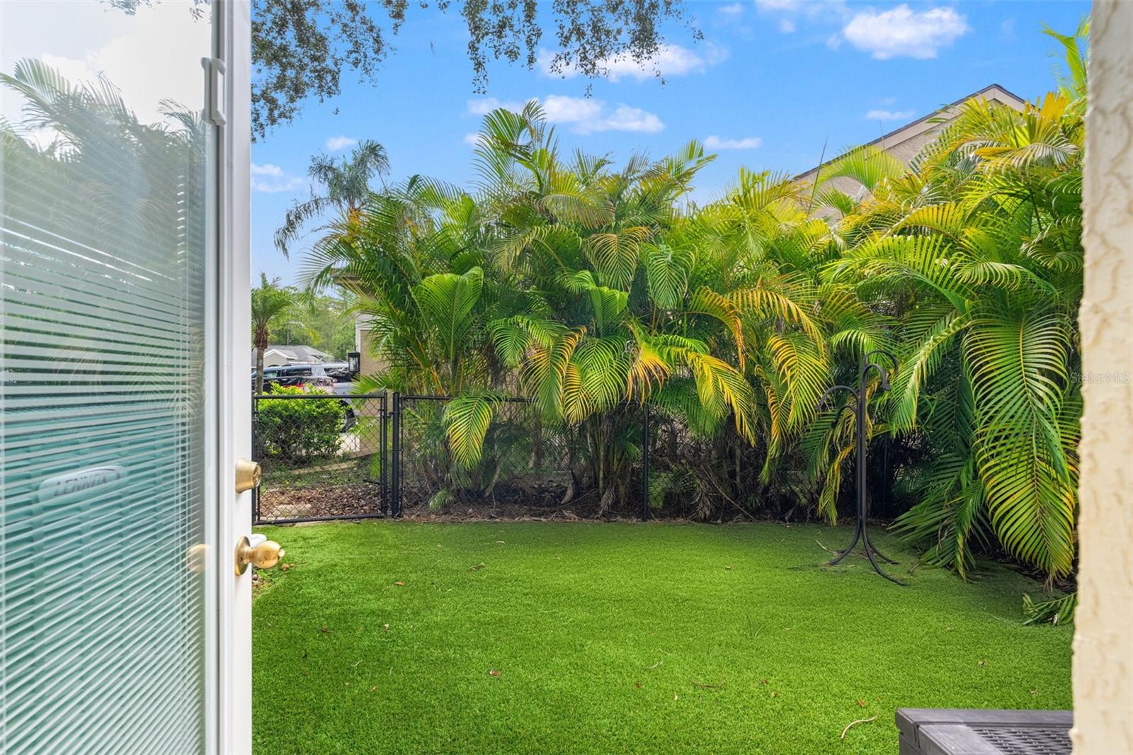 Fenced and landscaped for privacy, this side yard includes low-maintenance turf and lush tropical palms—ideal for outdoor play or pet space.