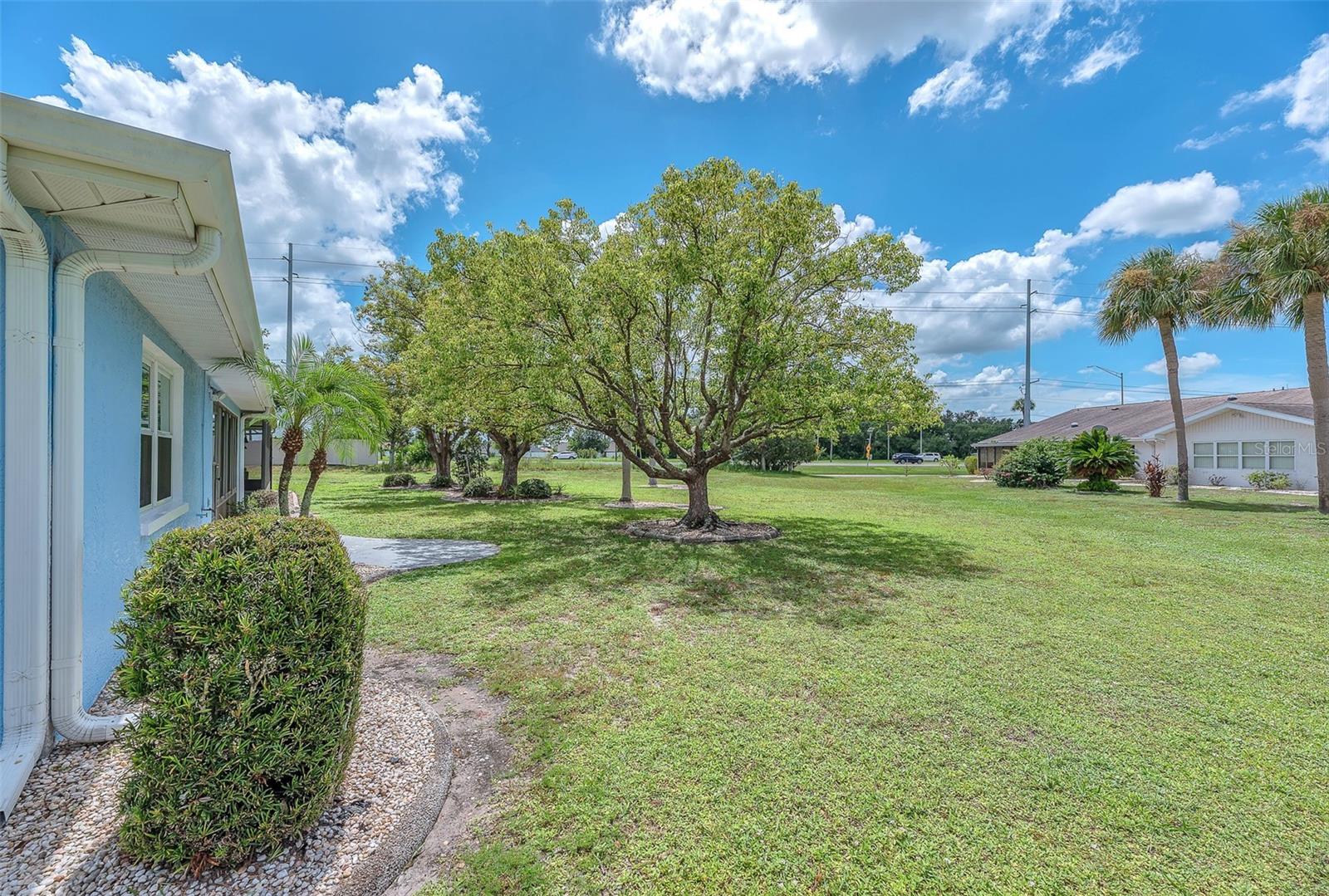 Side view of the house. There is a door from the garage leading out to the side yard. The garage has a washer & dryer & new utility tub.