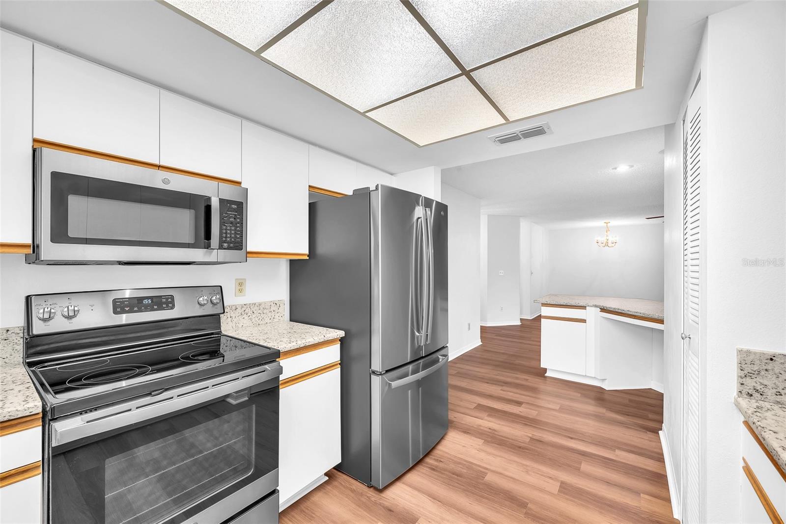 Quite a bit of counter space and cabinets plus a small pantry.
