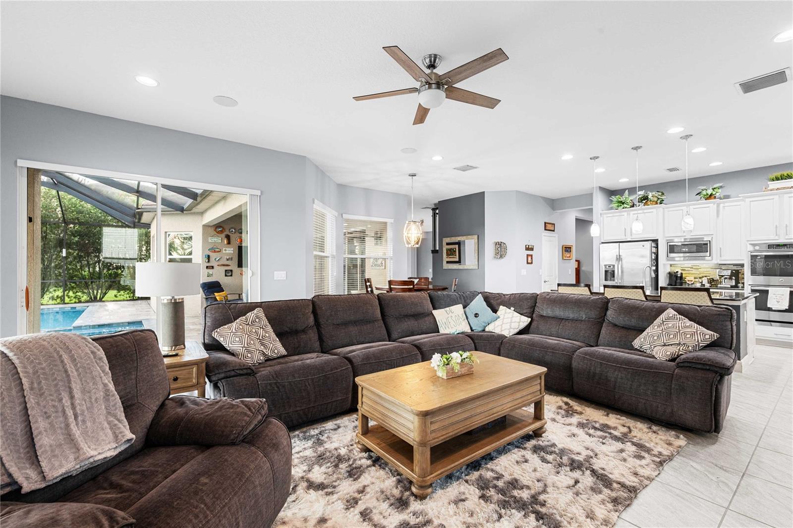 Family room with view of kitchen