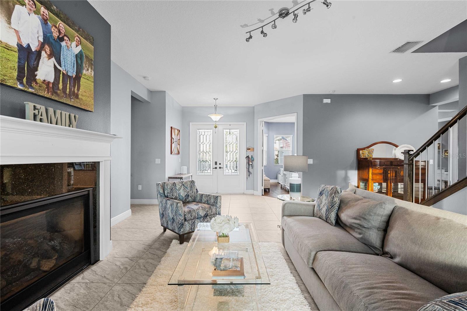 Living room with view of office