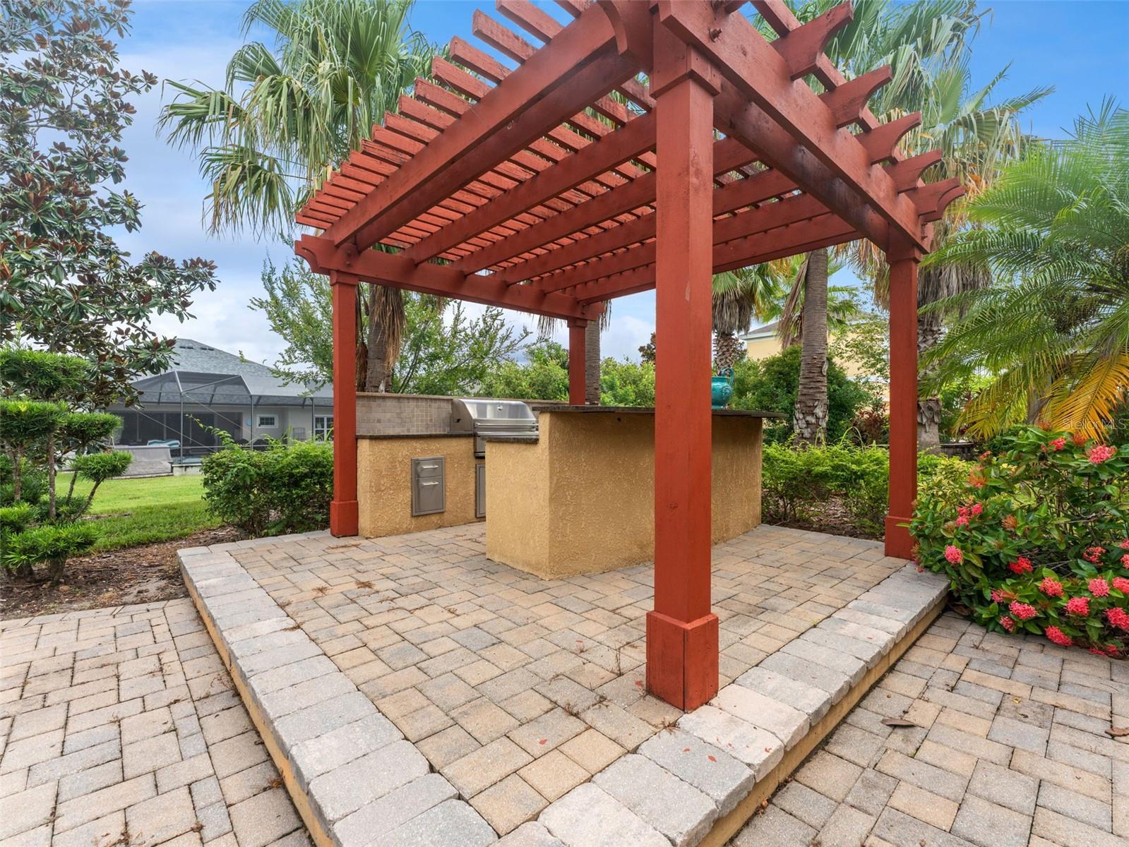 Overview of Full Outdoor Kitchen with Pergola