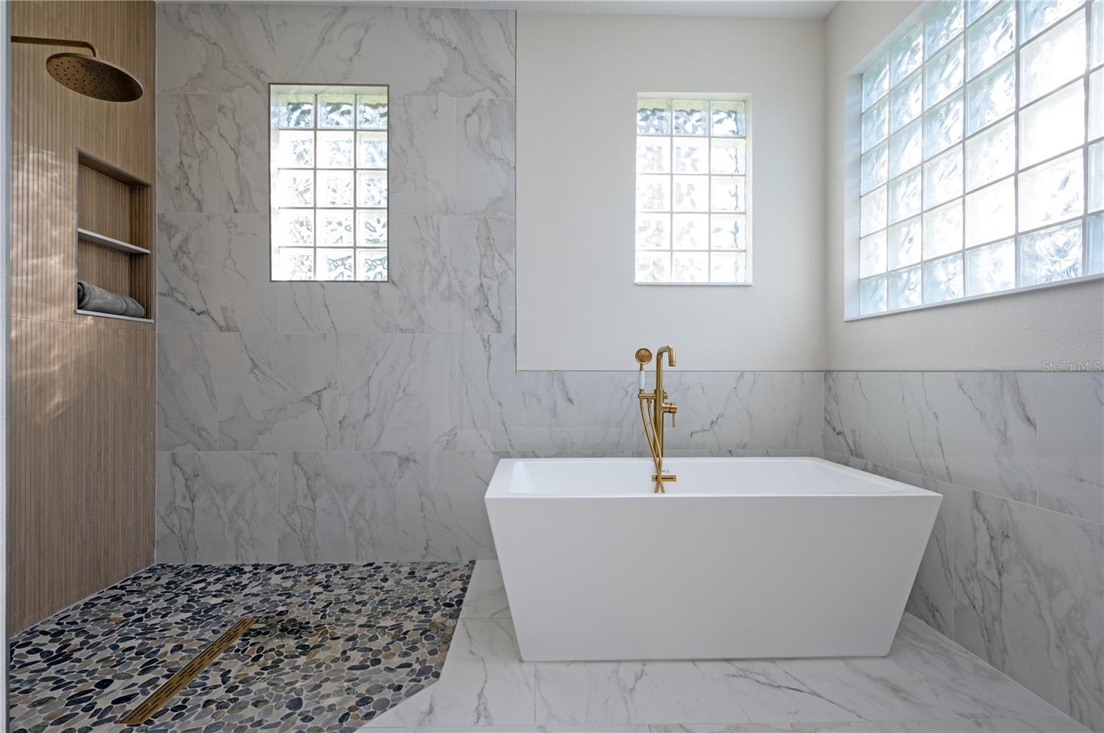 Spa-inspired bath. Shower enclosure in process