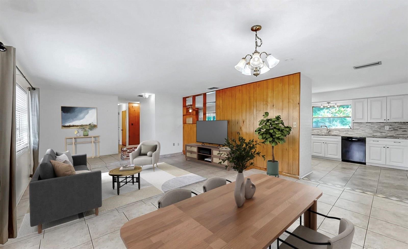 Virtually staged living room and dining room