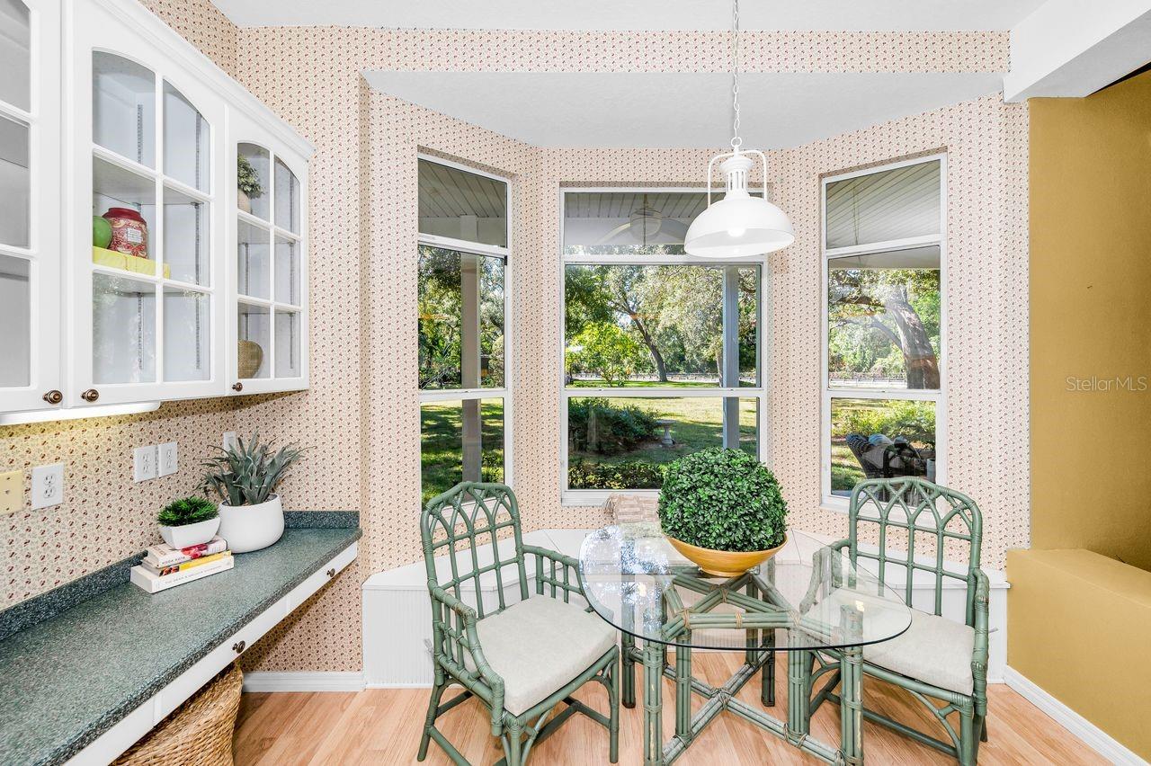 Window bench seat offers additional storage space.