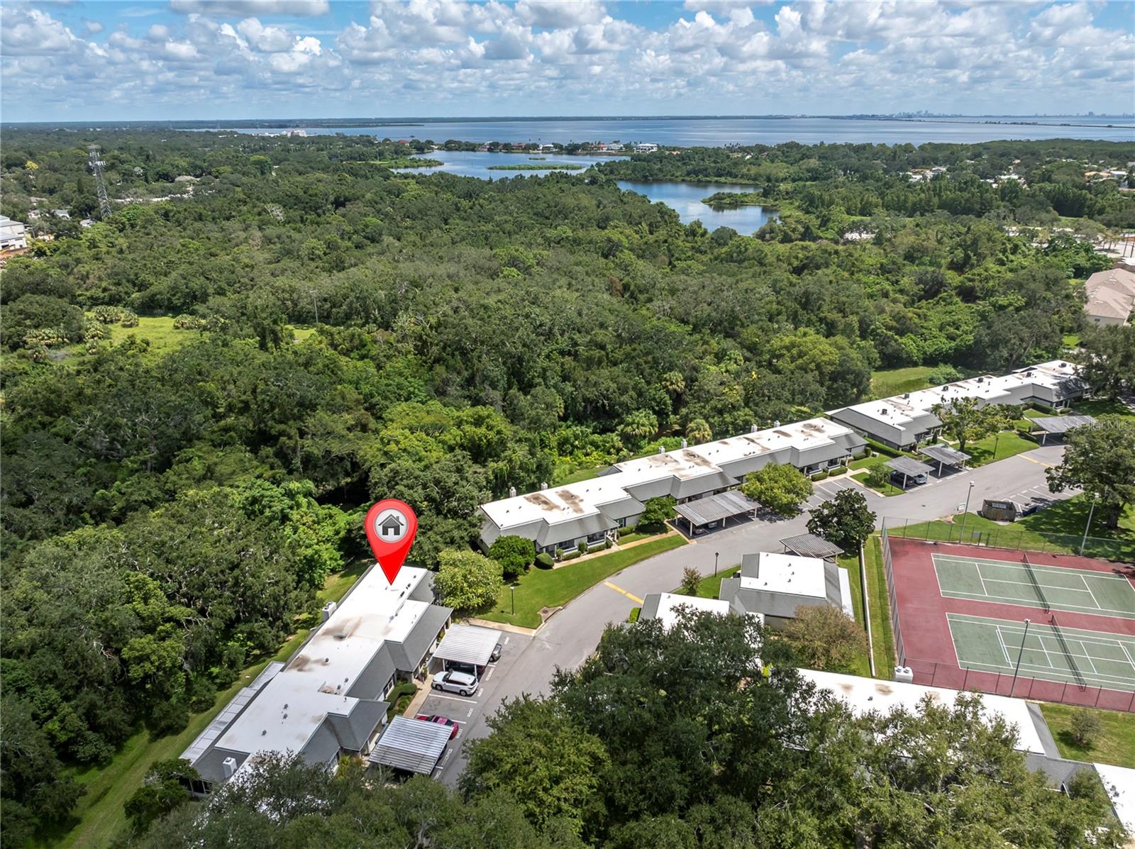 CORNER UNIT WITH GREENSPACE VIEW OUT BACK; FOLLOW OTHER BUILDINGS TO GET TO THE DOCK; WATERWAY LEADS OUT TO TAMPA BAY, IN DISTANCE  (1377 MCMULLEN BOOTH RD)