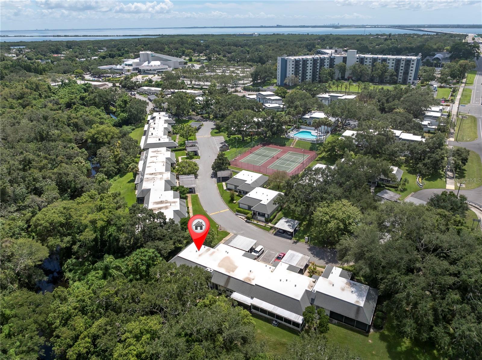 THIS IS A GREAT SHOT OF THE WHOLE COMMUNITY, WITH THE RECREATIONAL AMENITIES RIGHT ACROSS THE STREET: POOL, TENNIS, PICKELBALL, CLUBHOUSE, FITNESS, BILLIARDS, COMMUNITY KITCHEN, DINING AND LOUNGE; TAMPA BAY IS OFF IN THE DISTANCE  (1377 MCMULLEN BOOTH RD)