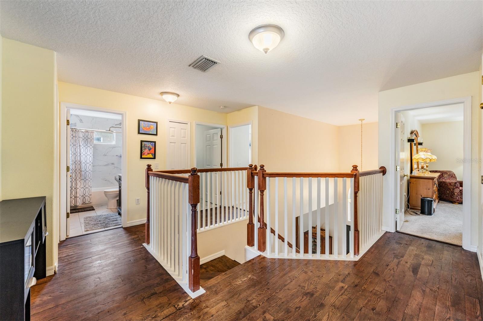 Upstairs has carpet in the bedrooms only.