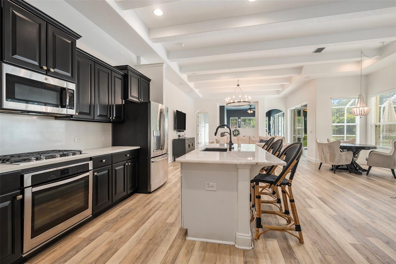 Kitchen into Family Room and Den