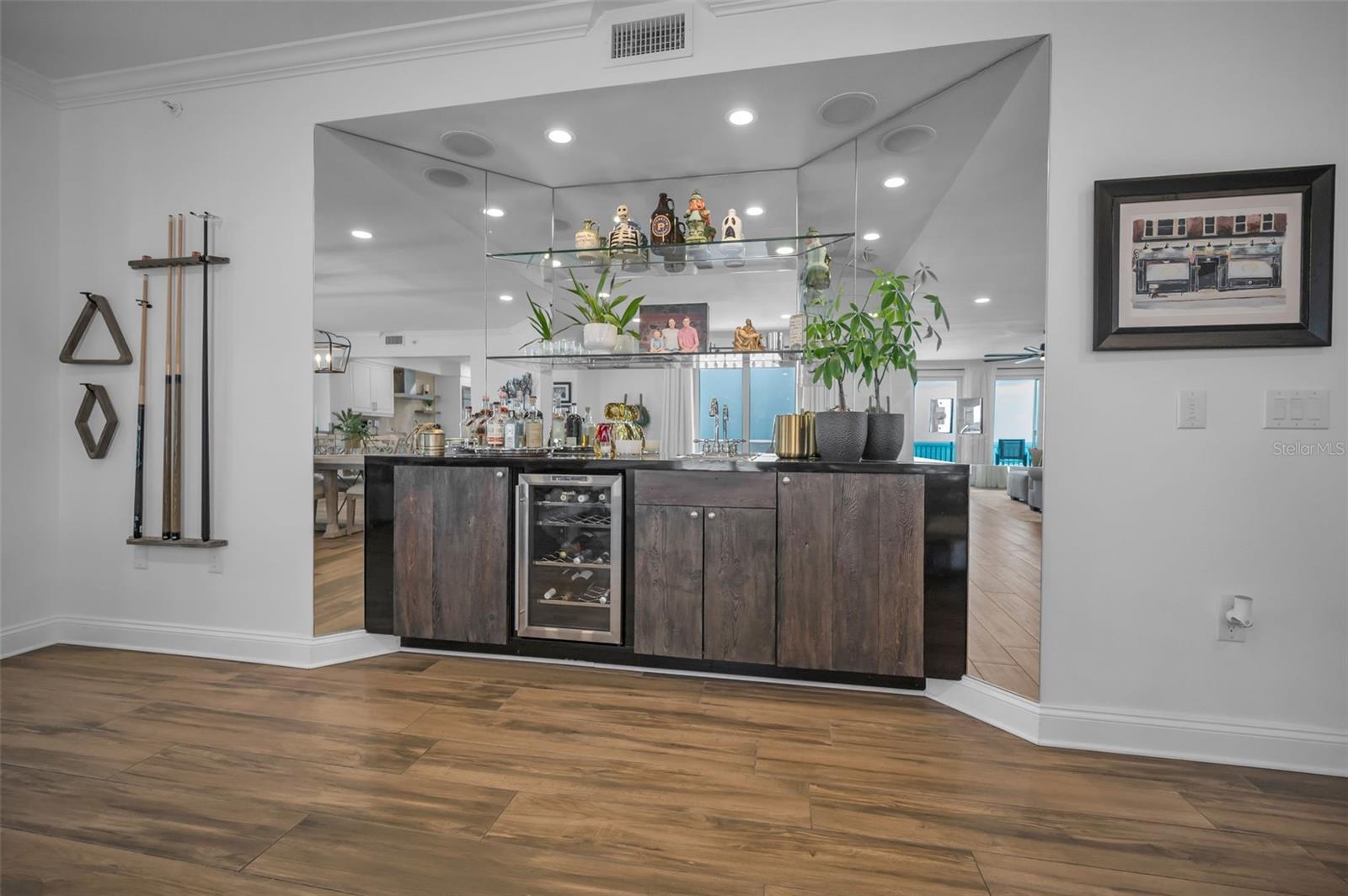 Enjoy a wet bar with wine refrigerator.
