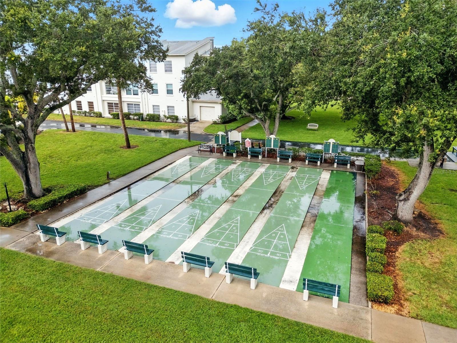 Aerial view of shuffle board courts