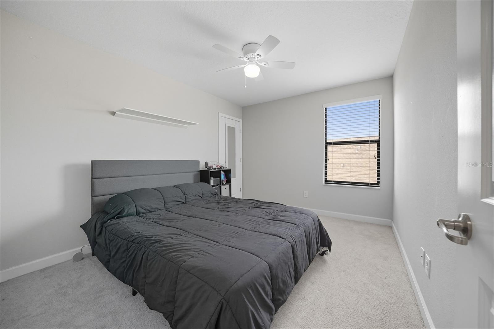 Comfortable upstairs bedroom with plush carpeting, neutral tones, and natural light—ready to personalize as a guest room, kids’ room, or home office