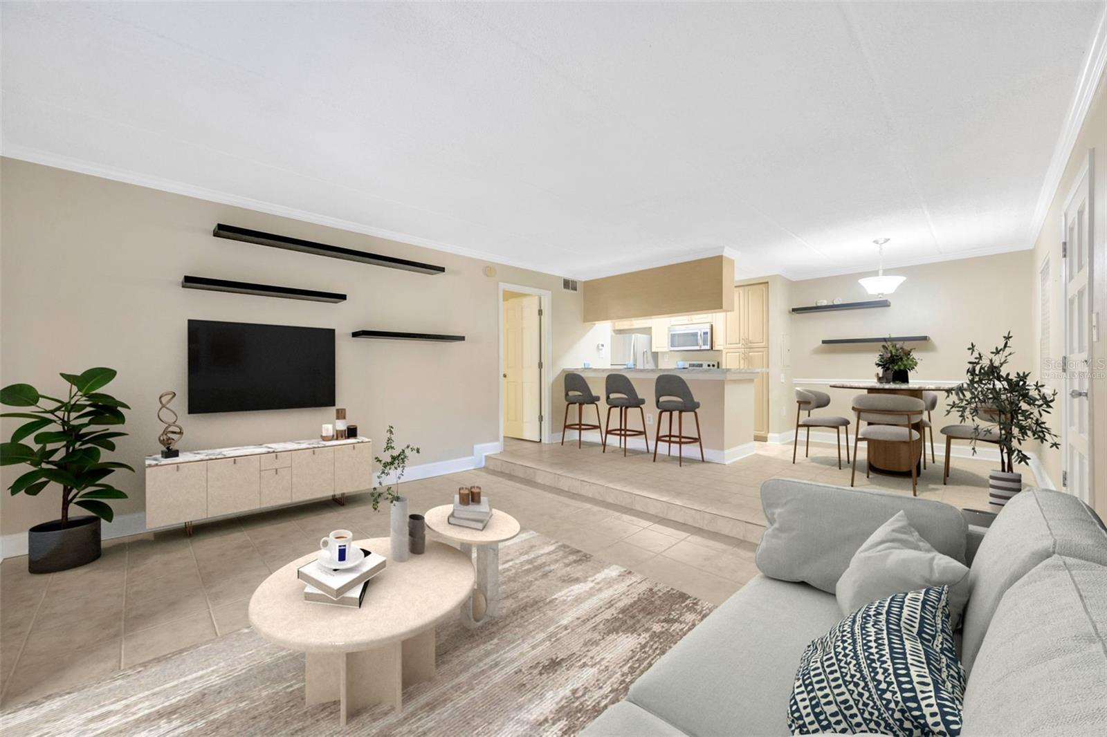 Living room/dining/bar Virtually Staged