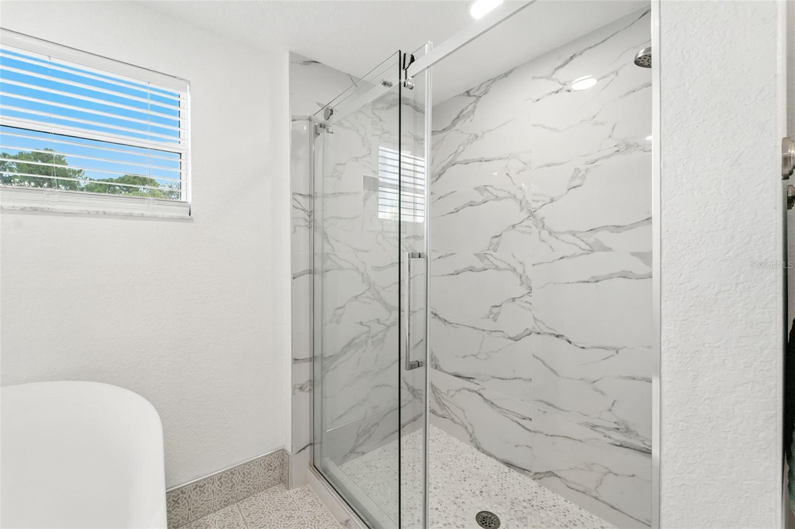 Frameless Glass Shower and Built-in Shelving.