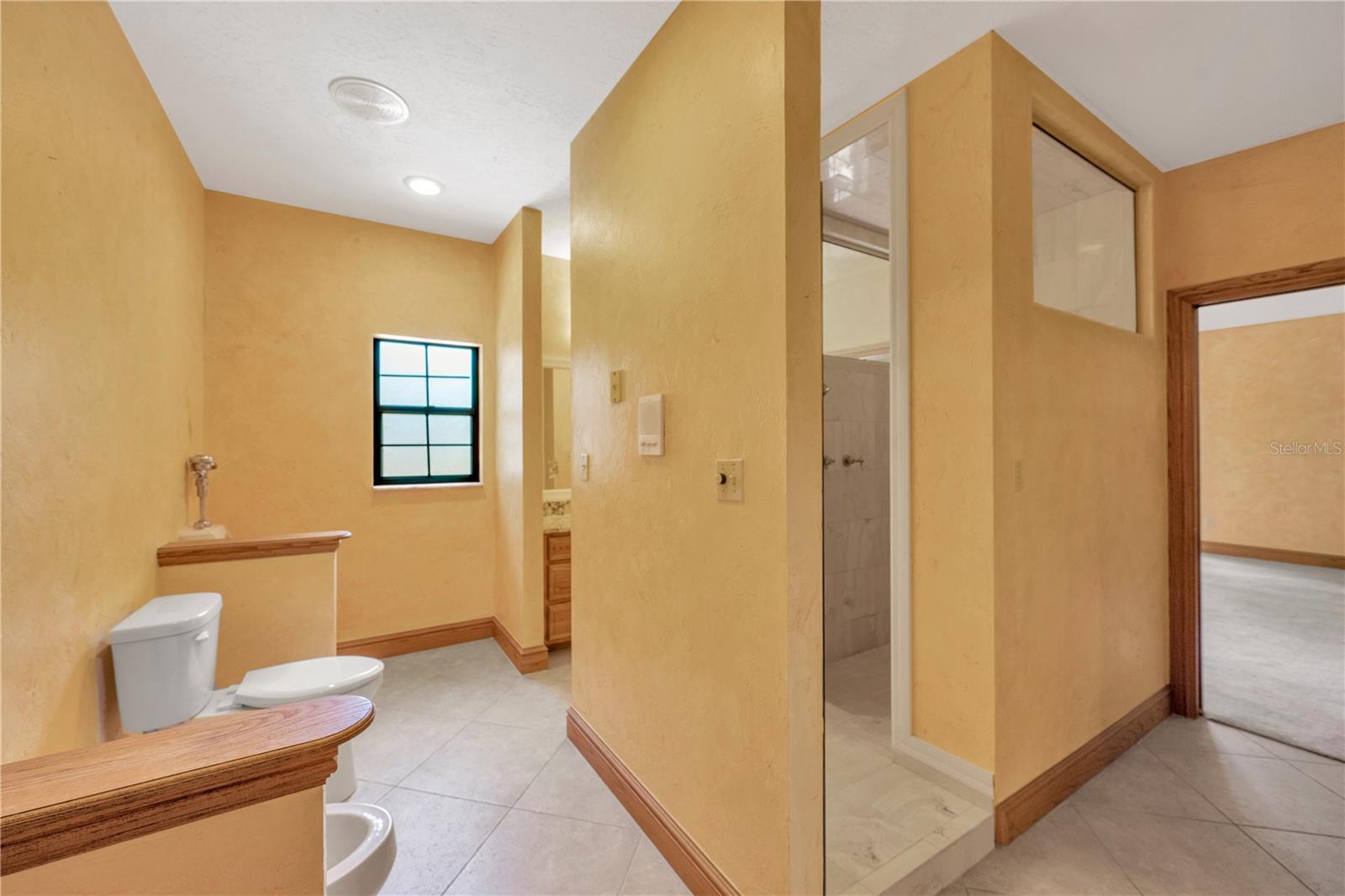 Toilet, urinal & bidet in the Owner's bathroom.