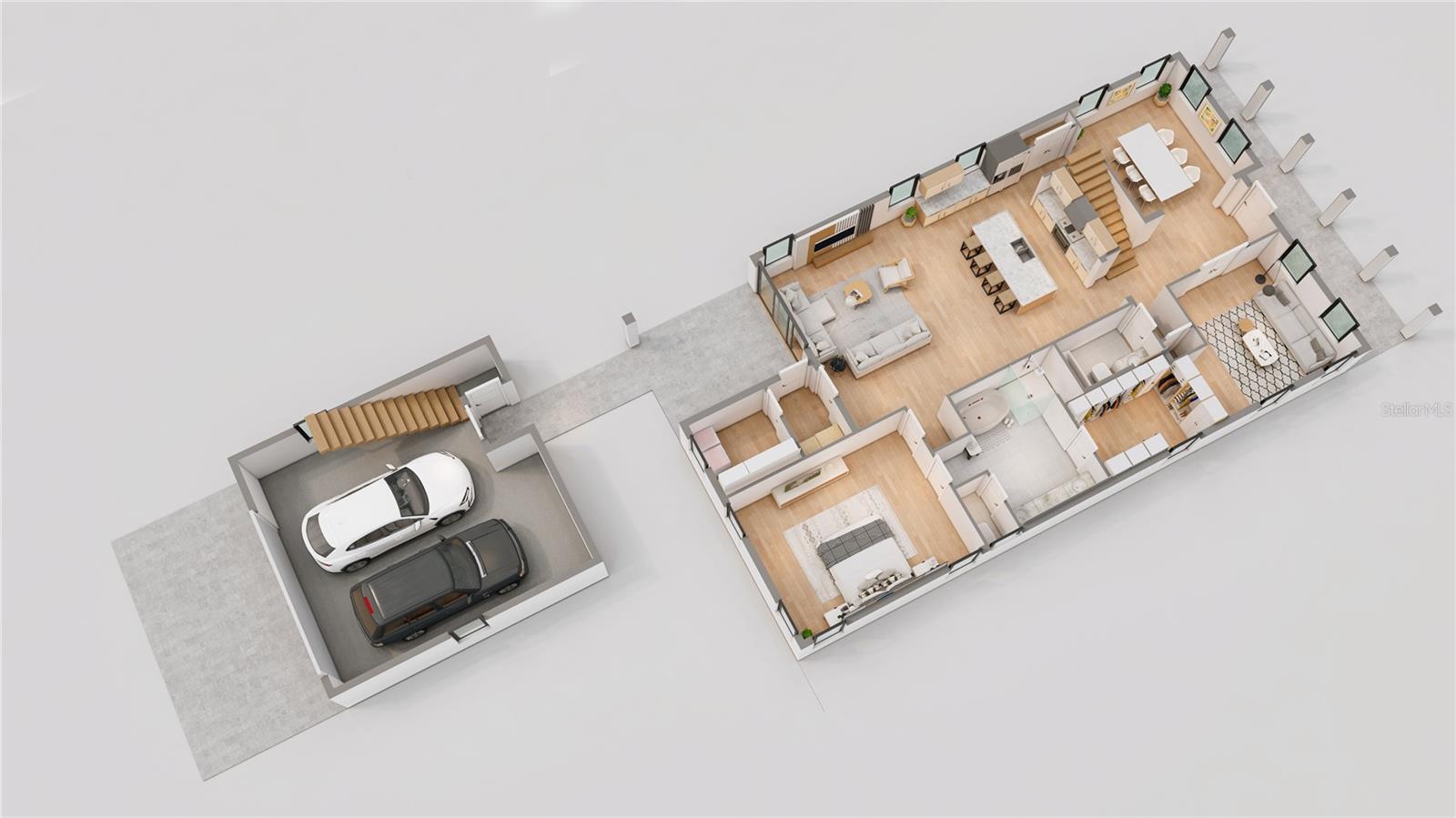First-floor primary suite. Open kitchen–living combo. Dedicated office/den.