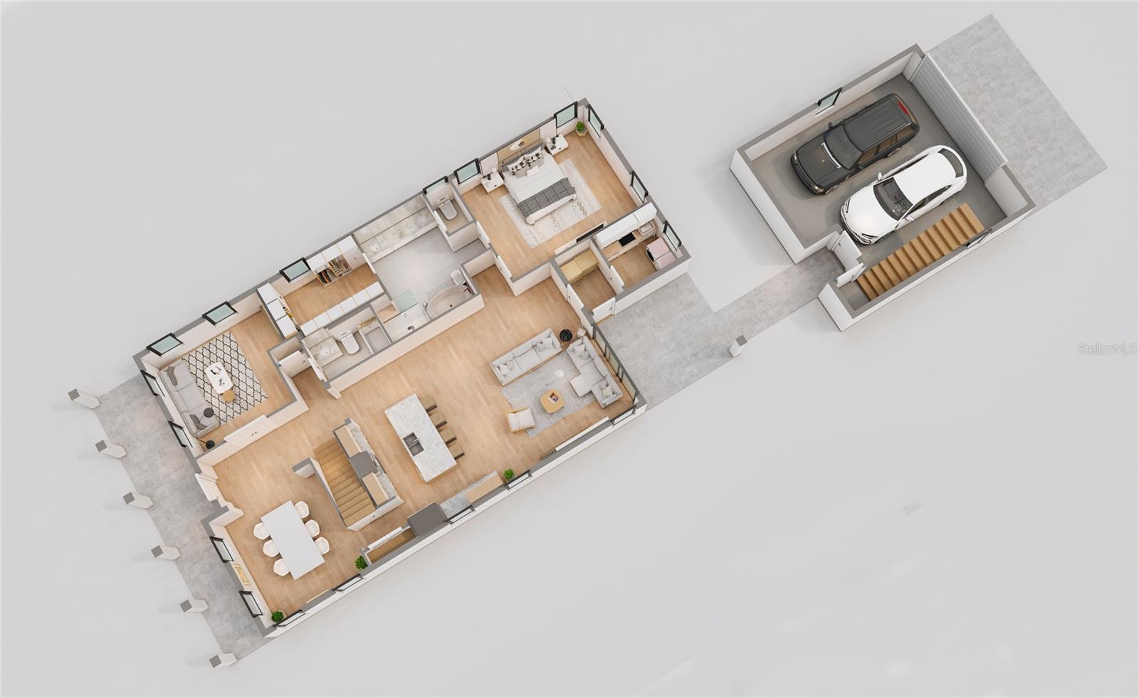 First-floor primary suite. Open kitchen–living combo. Dedicated office/den.