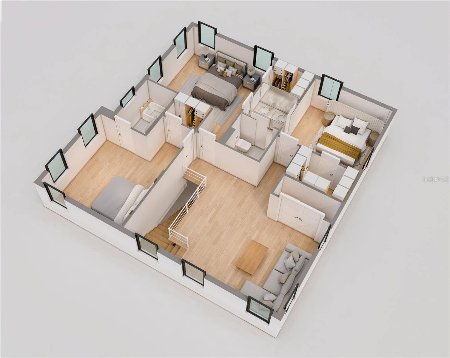 Second floor: 2BR/2BA + loft + office (flex BR).