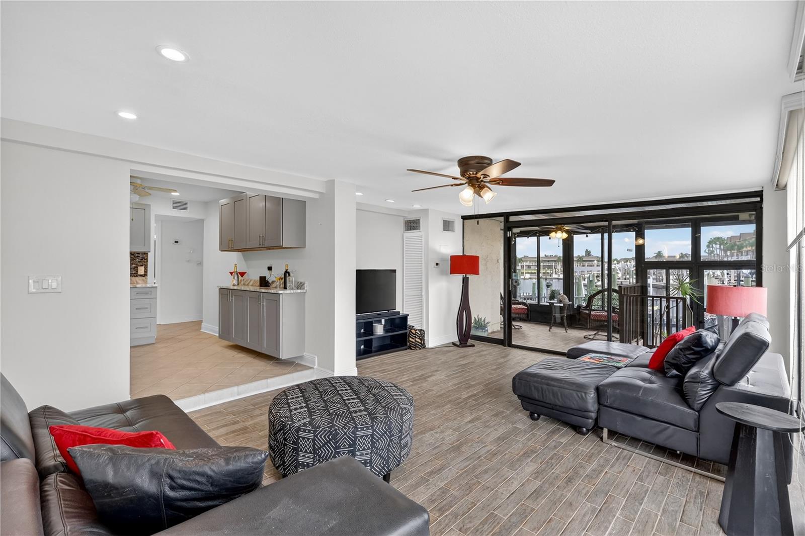 The kitchen opens into the family room.