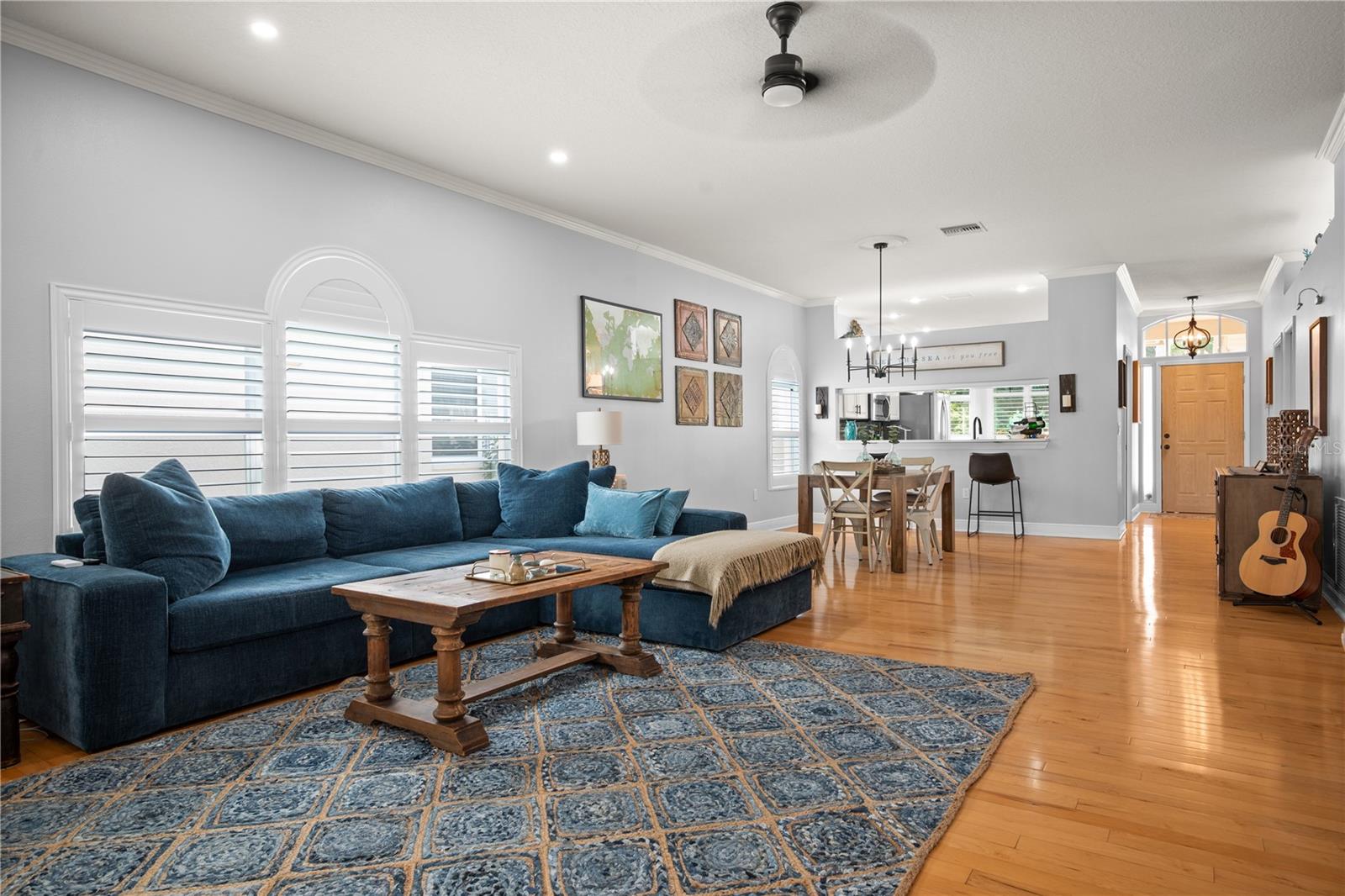 living room with plantation shutters
