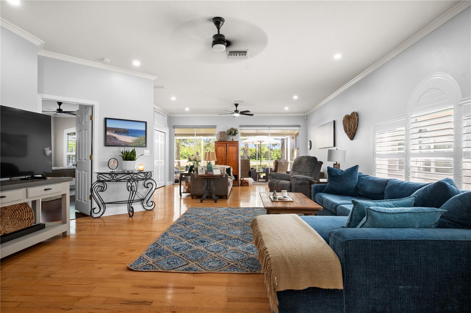 cozy living room with soaring ceilings