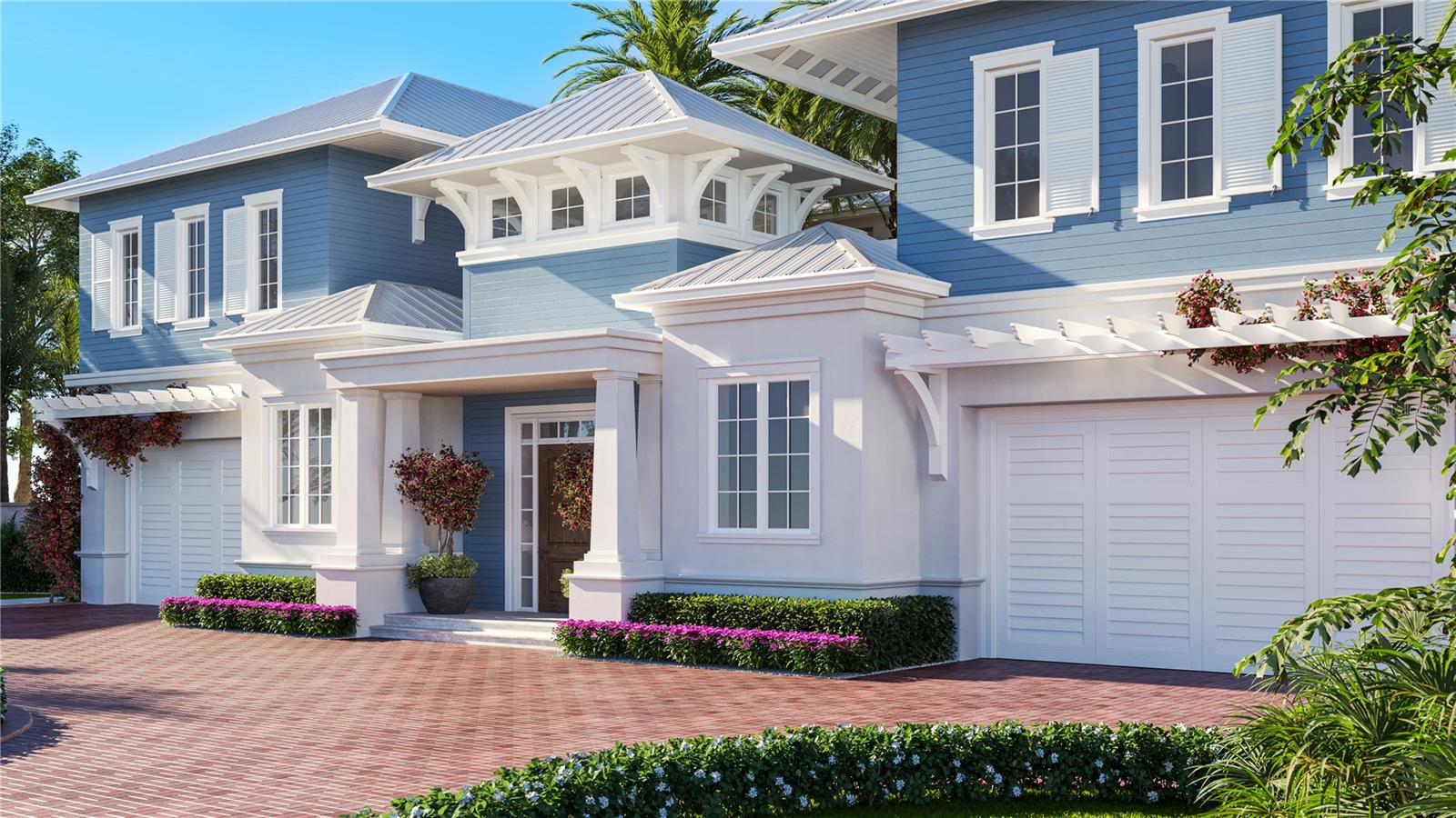 Front of the Edgewater home in the Pink Streets, featuring a 2-car garage and a 6-car garage.