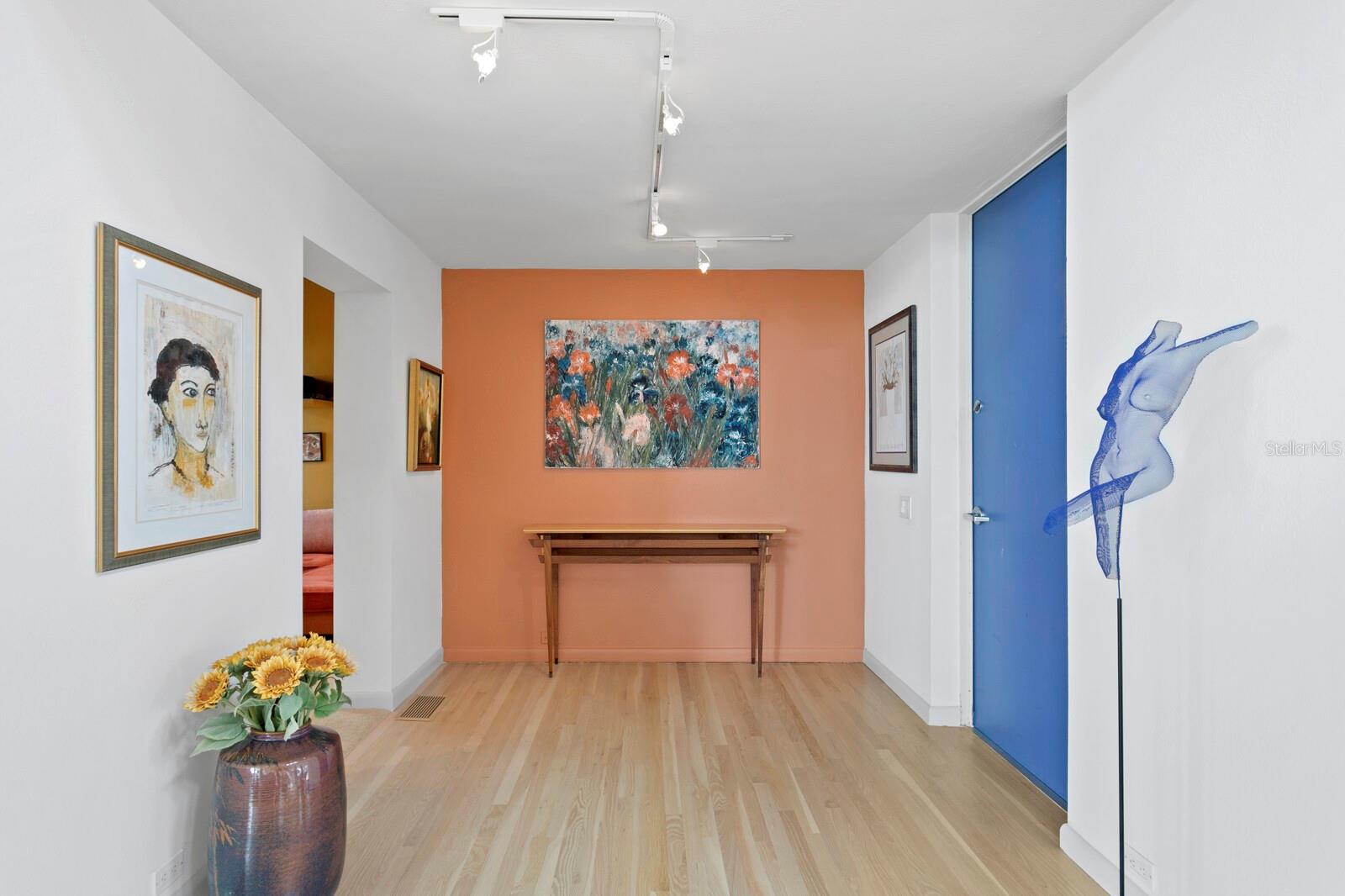 The front door is the blue door to the right and to the left of this picture is the media room.