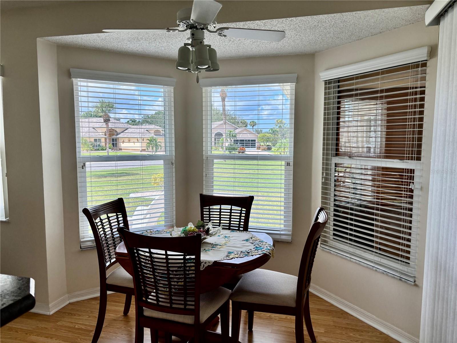 Dinette with bay windows and side lot view with no neighbors and sunset view.
