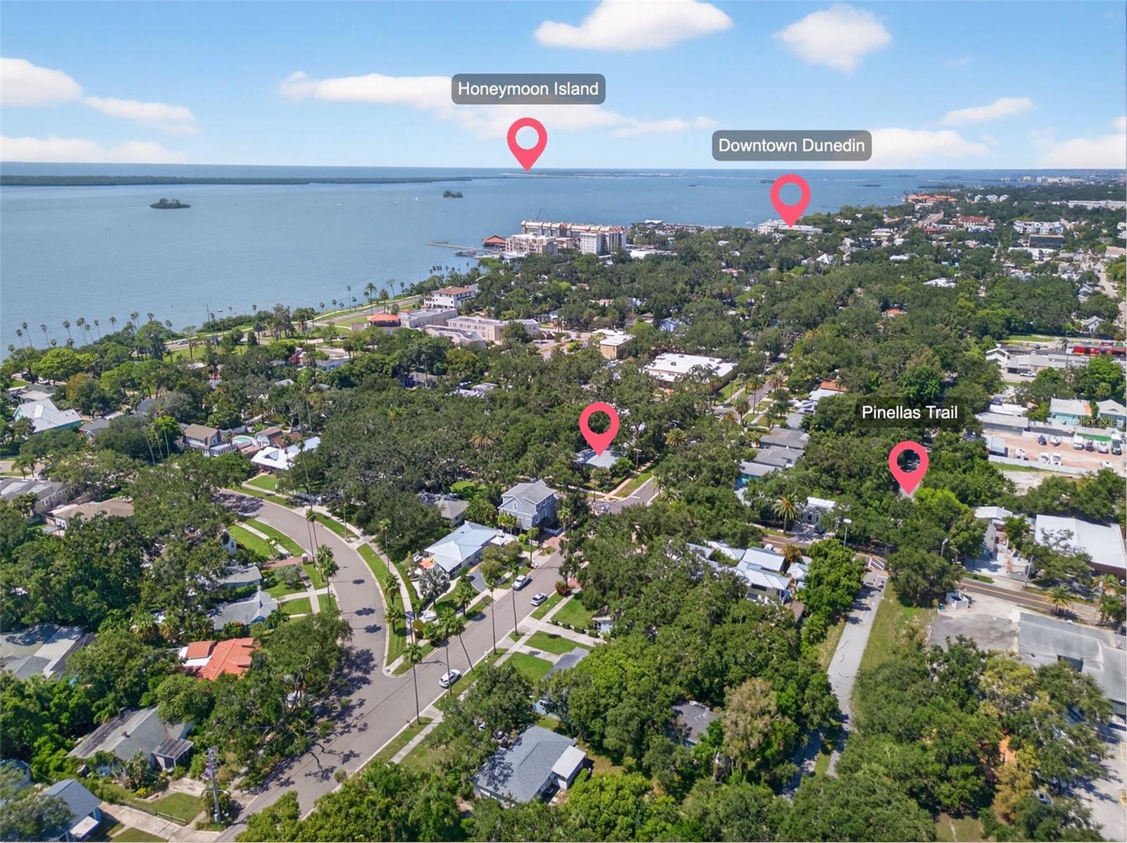 Few blocks from Downtown Dunedin Main Street, one block from Edgewater Drive/water front and one block from Pinellas Trail
