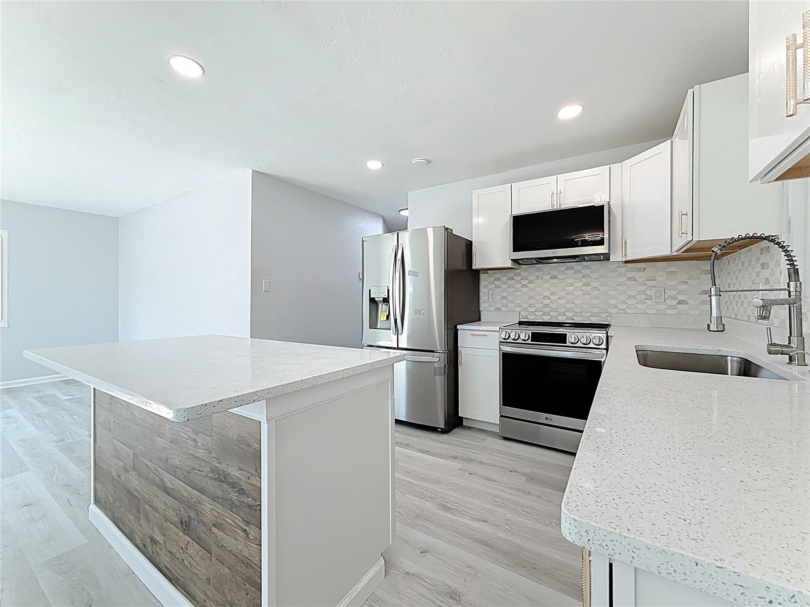 LG Refrigerator, LG Convection Oven and LG microwave, Bosch Dishwasher, Deep Sink, New Cabinets, Quartz Countertops, LED lighting