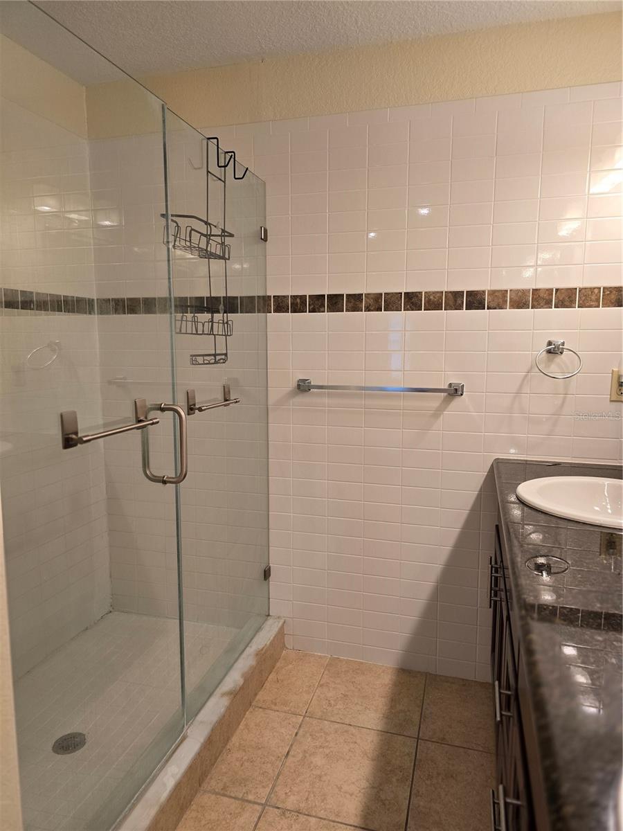 Primary bath, standing shower, glass doors