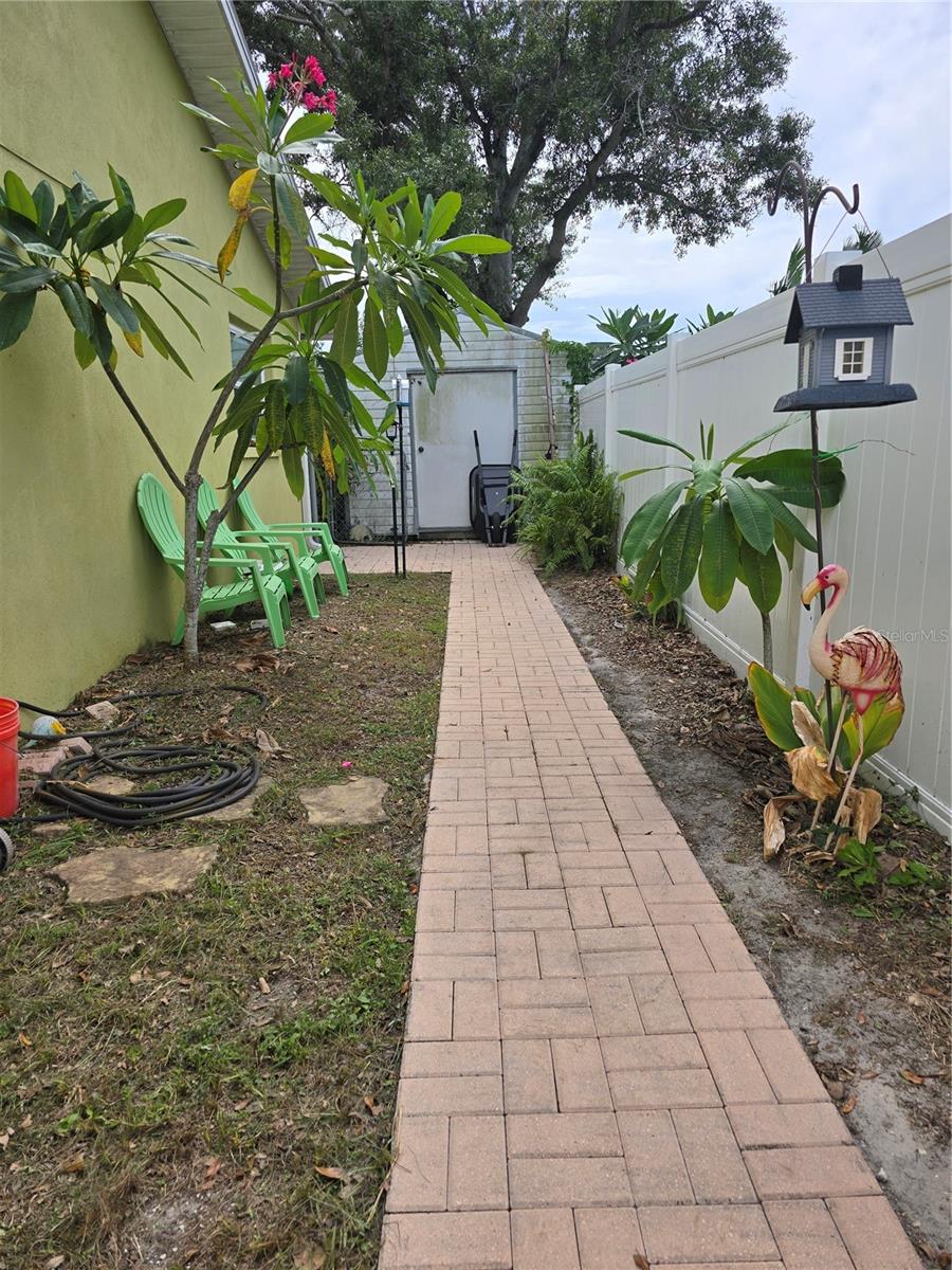 Side yard/walkway on west side of house. Shed in back