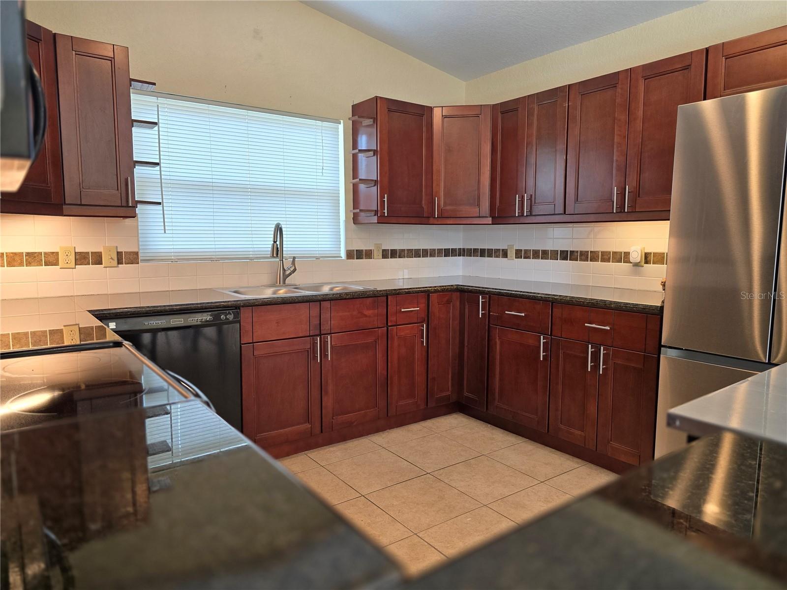 Spacious kitchen, black counters, shine from counter lighting hides deep color