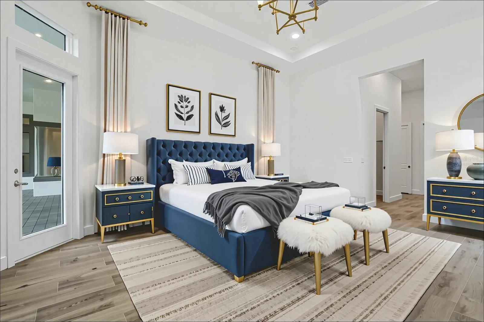 Virtually Staged Primary Bedroom with Tray Ceilings