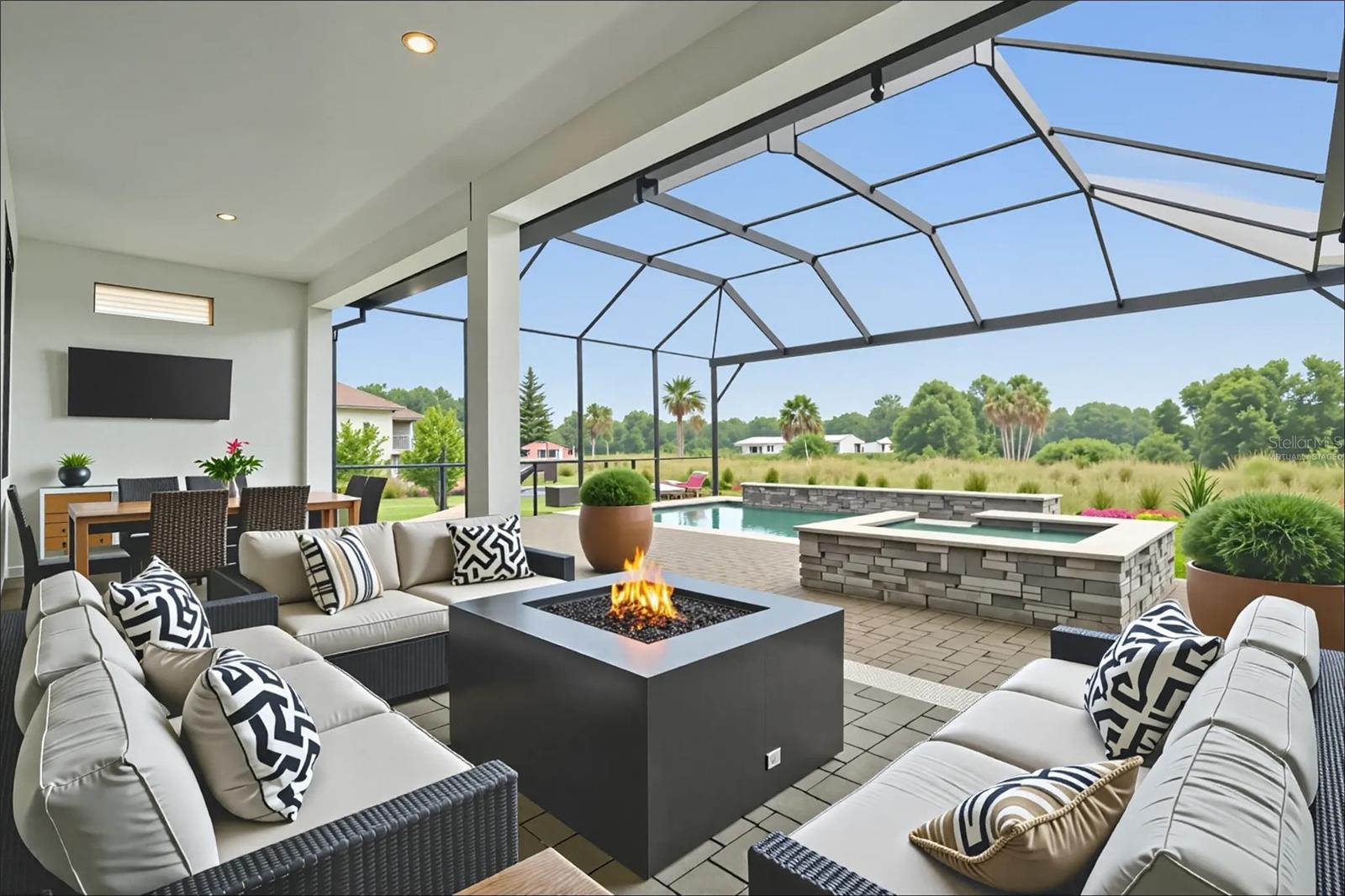 Virtually staged Patio with Pool Spa overlooking Conservation