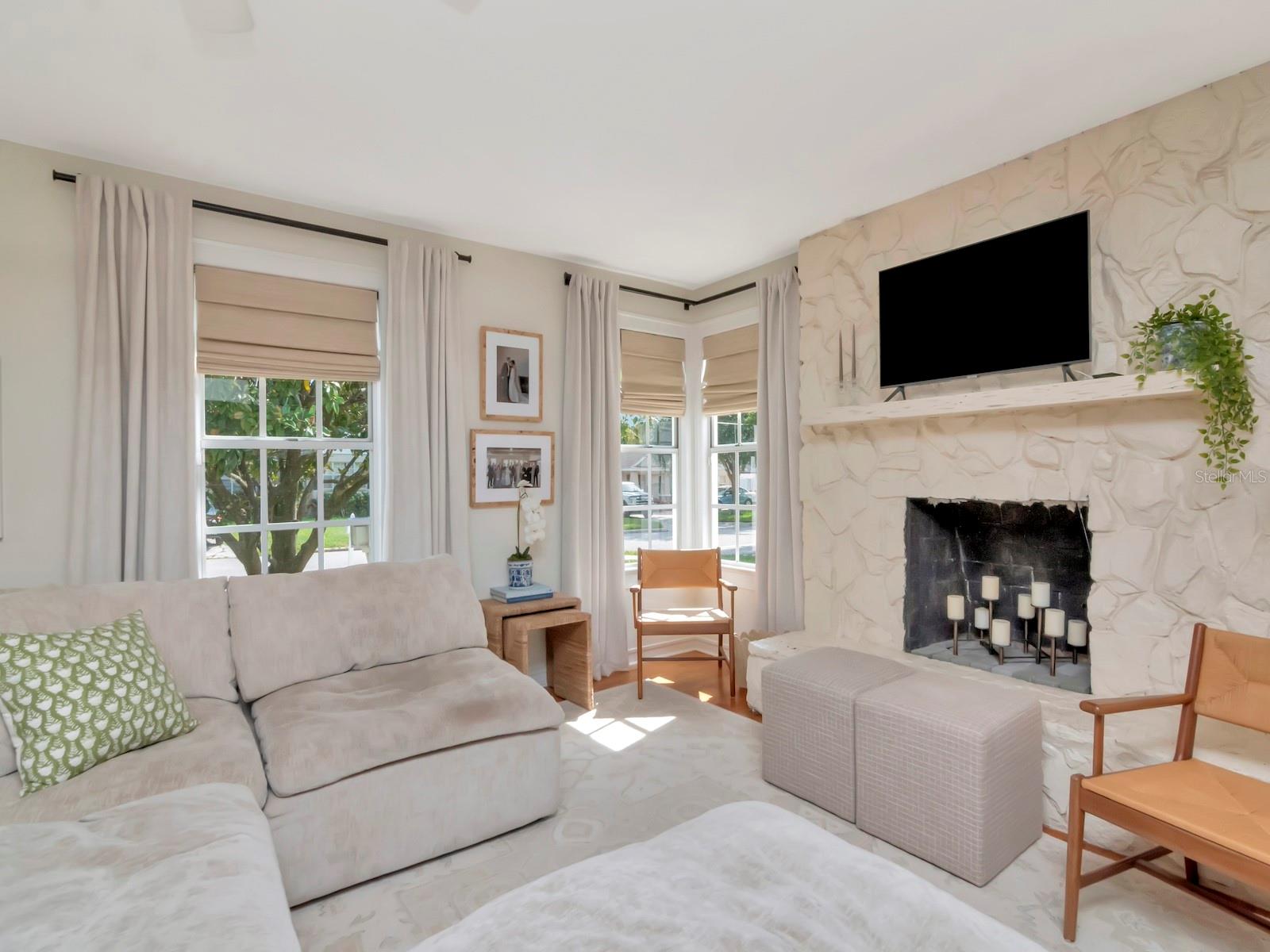 Beautiful Family Room with Stone Mantle