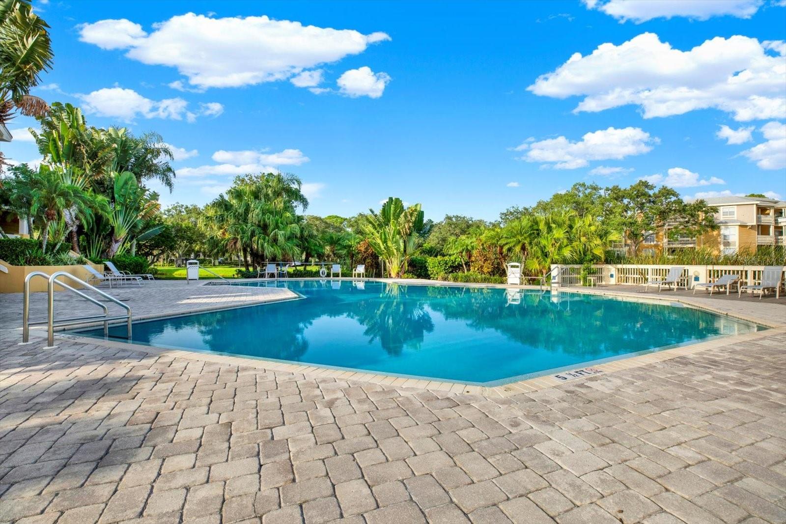 The main pool, anchored by the clubhouse — big enough to actually swim laps.